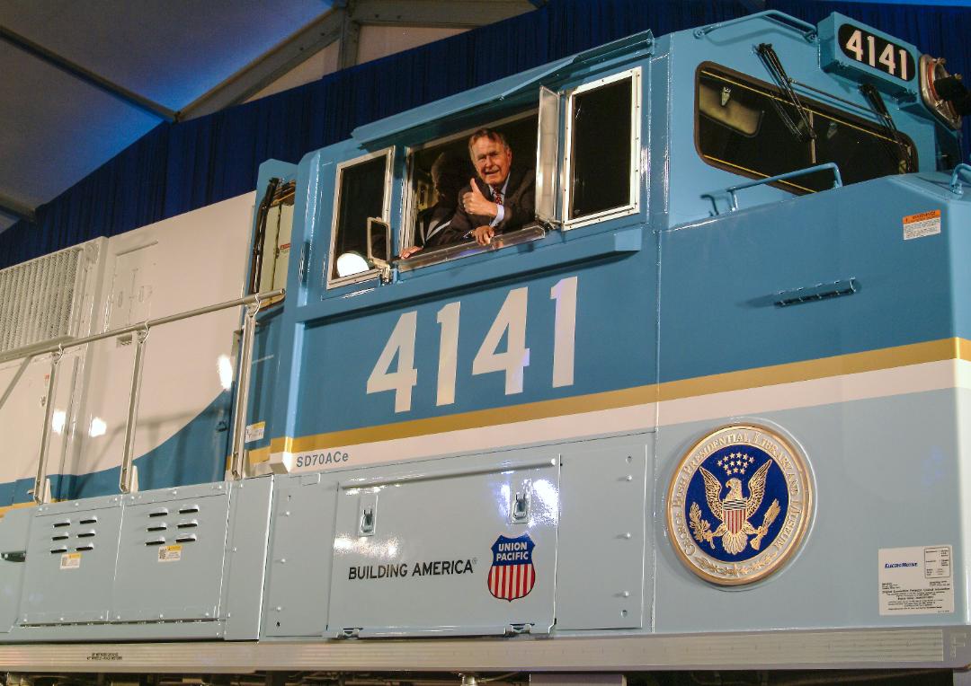 Medium Retina | George H.W. Bush in the cab of UP Locomotive No. 4141